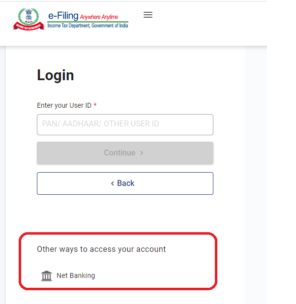 option to log in using Internet banking