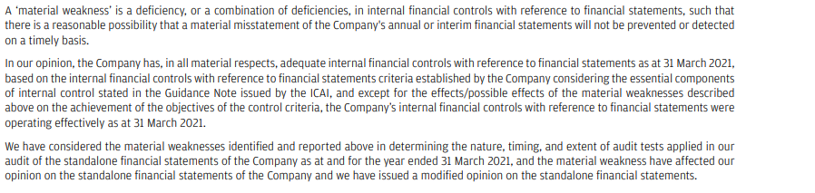 Extracts of Identified Deficiencies in Internal Control – Deficiency related to Material weakness