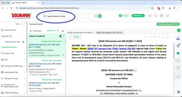 Subject Search Feature of Taxmann.com—3.0